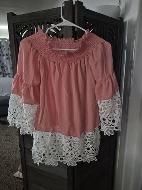 Women's Pink Off-Shoulder Blouse with White Lace Trim